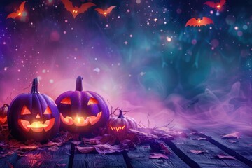 Festive decoration for Halloween. Two glowing pumpkins and bat on background of dark night mystical forest, ultra wide format. Magical atmosphere with festive lights