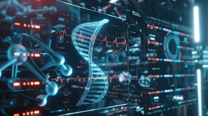 Poster - Futuristic medical screen, DNA hologram background, science data analysis, digital health interface, technology lab, 3D render