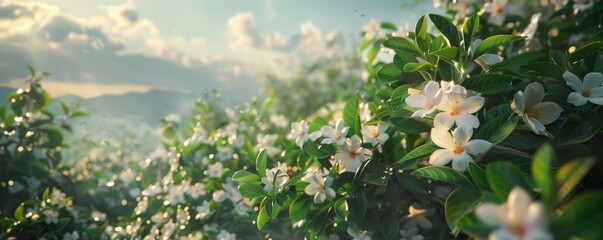 Wall Mural - Fragrant jasmine bushes perfuming the air, 4K hyperrealistic photo