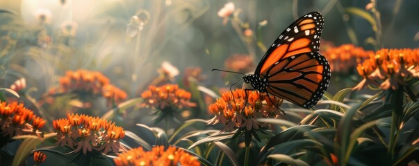 Wall Mural - Elegant monarch butterfly resting on a flower, 4K hyperrealistic photo