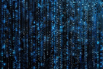 Pattern of blue binary code with glyphs, ones and zeroes, alien glyphs, matrix style, black background
