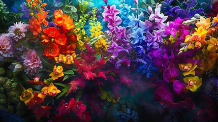 Poster - An enchanting background featuring a blend of different flowers in a spectrum of colors, creating a harmonious and picturesque scene