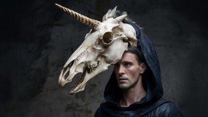 Canvas Print - A man with a unicorn head on his back and hood, AI