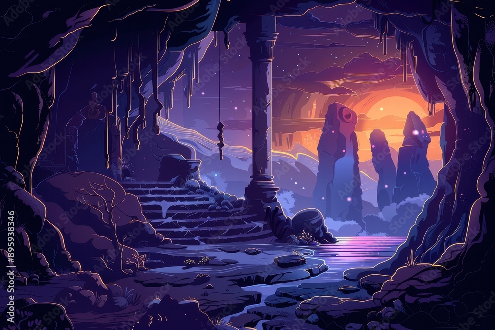 Mysterious cavern with glowing mushrooms and ancient ruins bathed in ...