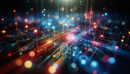 Aufkleber - Abstract background from colored technological neon lines glowing in dark room
