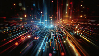 Aufkleber - Abstract background from colored technological neon lines glowing in dark room