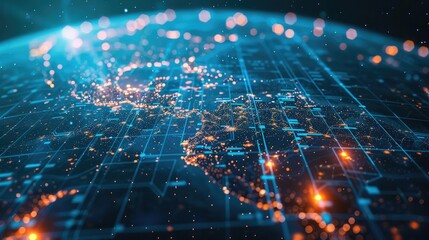 Poster - A digital grid with bright points of light representing a global network.