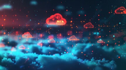 Poster - A digital representation of a cloud computing network with floating data.