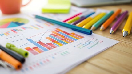Poster - A close-up of a financial report with charts and graphs on a wooden desk, surrounded by office supplies.