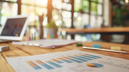 Poster - A close-up of a financial report with charts and graphs on a wooden desk, surrounded by office supplies.