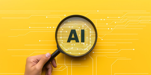 businessman holding magnifying glass showing ai sign on yellow background with printed circuit board