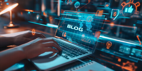 Aufkleber - Blogger writing on laptop with futuristic digital effects concept