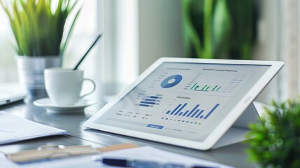 Poster - A close-up of a tablet displaying a social media marketing report, placed on a modern desk.