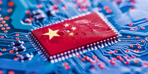Poster - Chinese flag cpu showing concept of trade war and technology embargo