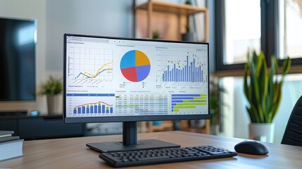 Poster - A computer monitor displaying a pie chart and bar graph analysis, with a keyboard and mouse in front.