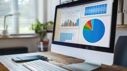 Poster - A computer monitor displaying a pie chart and bar graph analysis, with a keyboard and mouse in front.