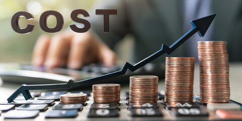 Poster - Accountant calculating increasing cost with coins and upward arrow