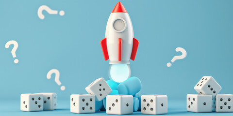 Poster - Rocket taking off from dice with question marks surrounding it