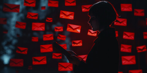 Poster - Businesswoman holding tablet surrounded by digital envelopes in red light