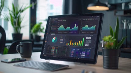 Poster - A desk setup with a digital tablet displaying financial analytics.