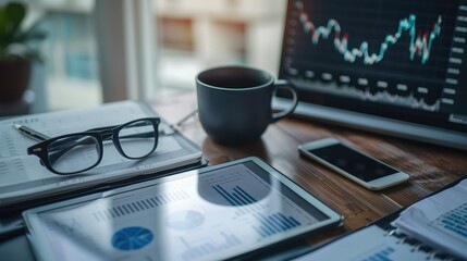 Poster - A desk setup with a digital tablet displaying financial analytics.
