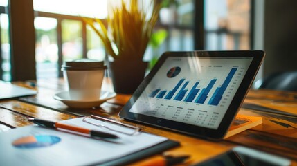 Poster - A desk setup with a digital tablet displaying financial analytics.