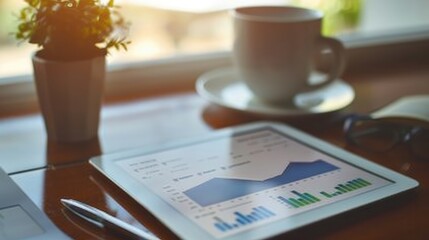 Poster - A desk setup with a digital tablet displaying financial analytics.