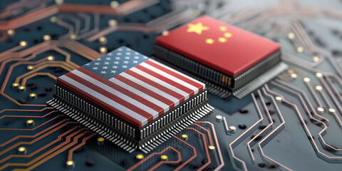 Aufkleber - Us and china flags printed on computer processors facing each other on motherboard