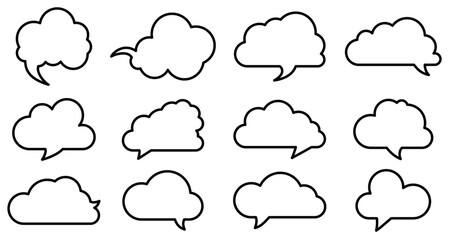 Sticker - Collection of cloud-shaped speech bubble outlines in various styles. Perfect for creative designs, comics, and social media graphics to express thoughts and dialogue.