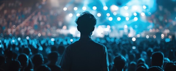 Wall Mural - A man in the foreground facing away from the camera, a crowd of people surrounding him, with light blue and white lighting in a night time concert atmosphere.
