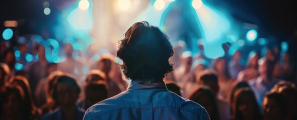 Wall Mural - A man in the foreground facing away from the camera, a crowd of people surrounding him, with light blue and white lighting in a night time concert atmosphere.