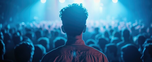 Wall Mural - A man in the foreground facing away from the camera, a crowd of people surrounding him, with light blue and white lighting in a night time concert atmosphere.