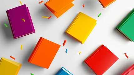 Poster - A colorful array of books with a white background. The books are scattered in various positions and sizes, creating a sense of movement and energy. The scene conveys a feeling of creativity