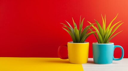 Poster - Two potted plants sit on a table in front of a red wall. The plants are in blue and yellow cups, and they are placed in a way that they are almost touching each other. The scene is simple and peaceful