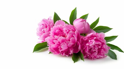 Wall Mural - A bouquet of pink flowers with green leaves. The flowers are arranged in a way that they are all facing the same direction. Scene is one of beauty and elegance