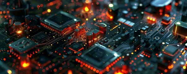 Wall Mural - Complex modern electronic circuit board working with red lights