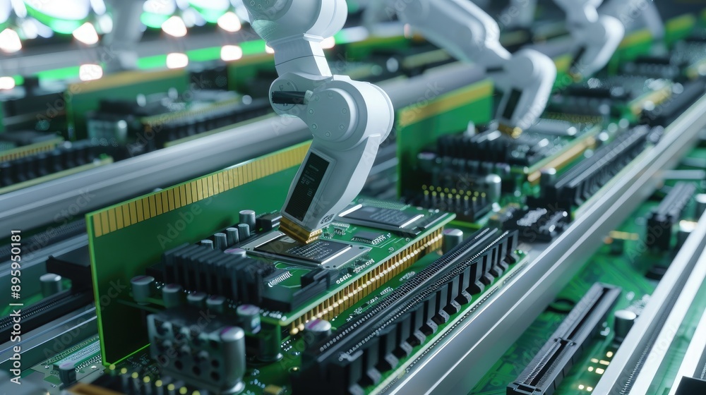 A computer assembly line where robotic arms are placing RAM modules ...