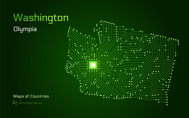 Wall Mural - Washington Map with a capital of Olympia Shown in a Microchip Pattern. E-government. United States vector maps. Microchip Series	