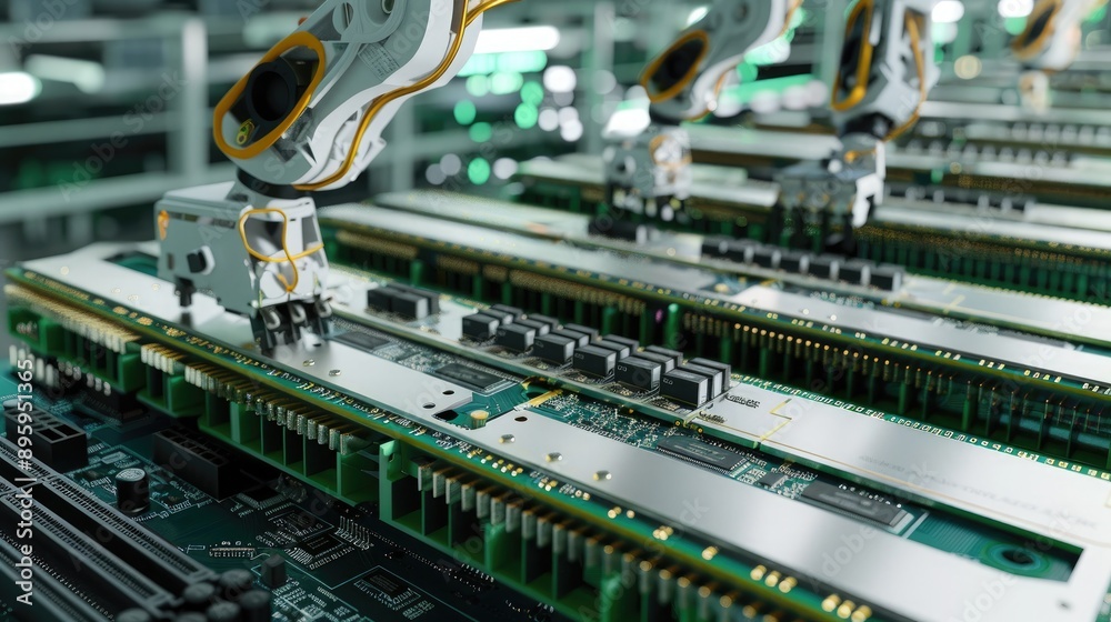 A computer assembly line where robotic arms are placing RAM modules ...
