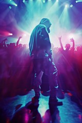 Wall Mural - A Japanese hip-hop artist performing a high-energy set, crowd jumping, bright and colorful lights, powerful atmosphere, Portrait half-body, hyper-realistic, high detail, photorealistic, Key Light,