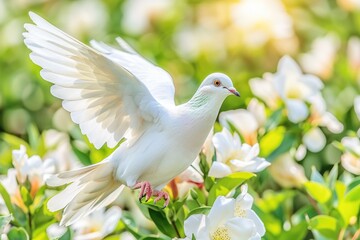 Wall Mural - Dove flying with open wings in front of the sun