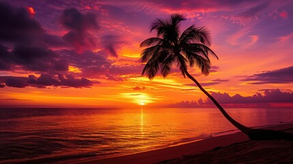 Sticker - A captivating beach sunset with a silhouette of a lone palm tree against a vibrant sky of orange and purple hues