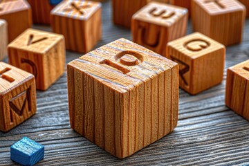 Wooden block literacy concept with random letters on background.