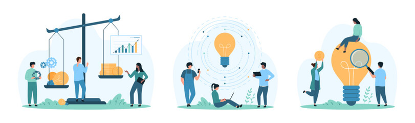 Creative ideas economic analysis, comparison of profits and investments set. Tiny people weigh money and light bulbs on scales, research lamp with magnifying glass cartoon vector illustration