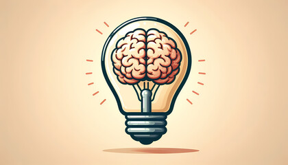 Poster - Illustration of brain inside of light bulb with concept of idea or brainstorm against beige background