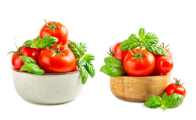 Fresh cherry tomatoes and fresh green basil isolated on white background. Tomato sauce. Vegan. Ingredients for salad. Organic food. Place for text. Copy space.