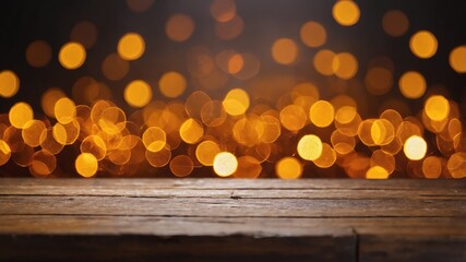 Wall Mural - orange glittery bokeh on wooden table photo for ad marketing business background