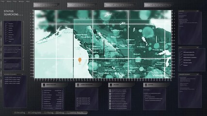 3D animation of international telecommunications map software system pinpointing different worldwide locations. 3D render of global satellite GPS scanning transmissions, computer program