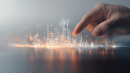 Wall Mural - A hand is pointing at a city skyline with a glowing effect