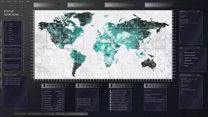 Poster - 3D rendering of radar system software able to detect incoming ballistic missiles. 3D animation of computer program scanning rockets approaching borders, detecting threats